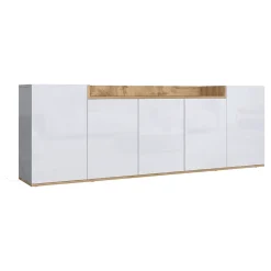 Credenza Bianco Lucido Marrone Rovere 7 Ripiani Apertura Battente 200x35x70h cm, 5 Ante Made in Italy - Cordele