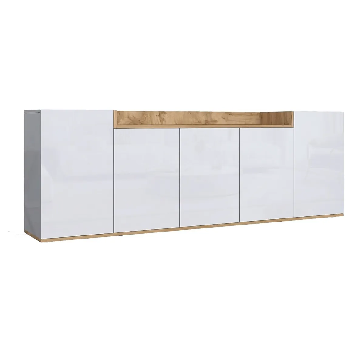 Credenza Bianco Lucido Marrone Rovere 7 Ripiani Apertura Battente 200x35x70h cm, 5 Ante Made in Italy - Cordele