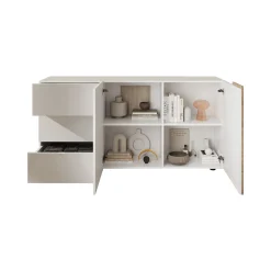 Madie|Credenze > Dmora Credenza 2 Ripiani 3 Cassetti 181x44x84h cm, 4 Vani - Busi Bianco Lucido