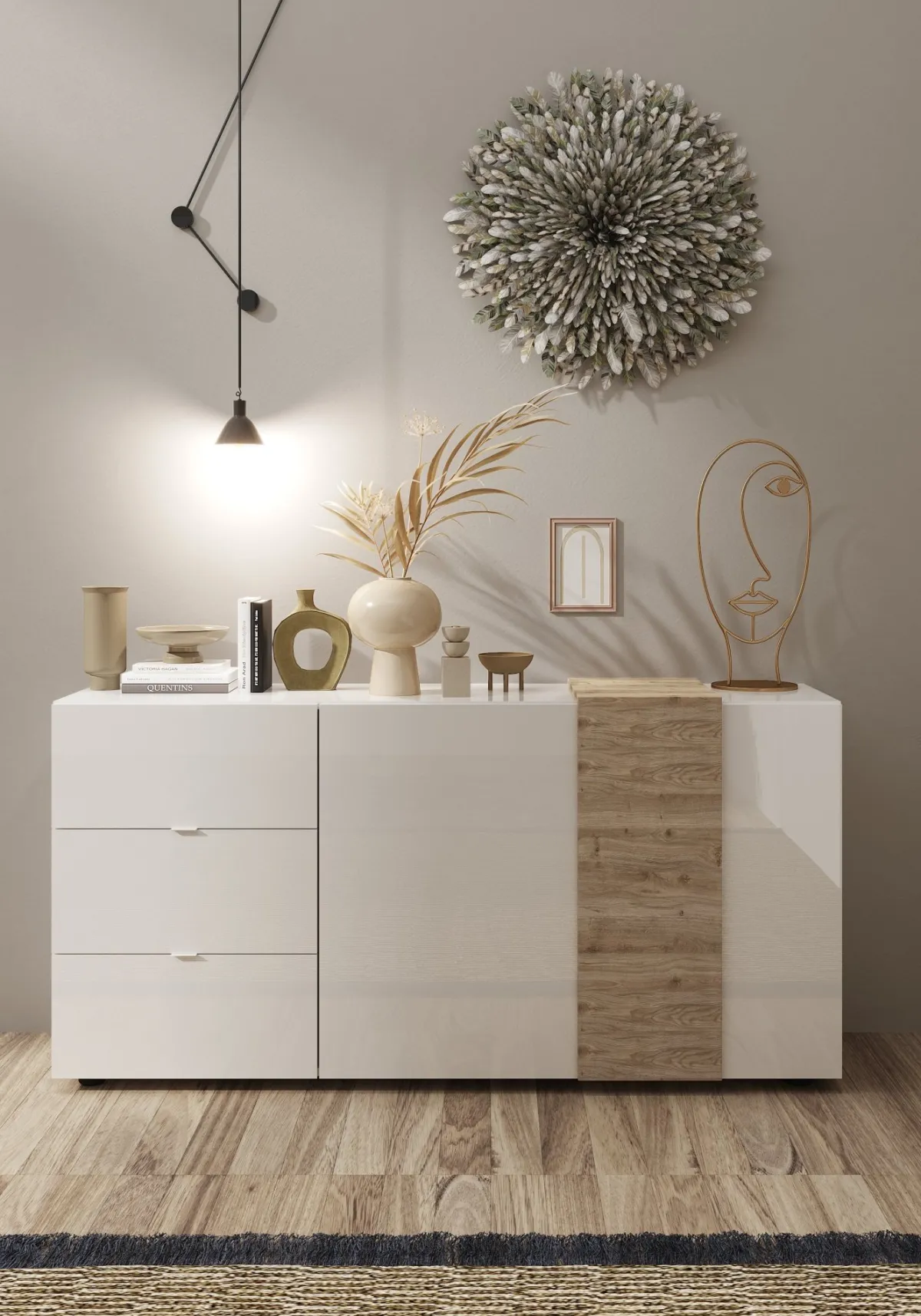 Madie|Credenze > Dmora Credenza 2 Ripiani 3 Cassetti 181x44x84h cm, 4 Vani - Busi Bianco Lucido