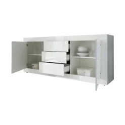 Credenza Bianco Lucido 2 Ripiani 3 Cassetti 210x42x85.8h cm, 4 Vani - Pasubio