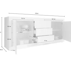 Credenza Bianco Lucido 2 Ripiani 3 Cassetti 210x42x85.8h cm, 4 Vani - Pasubio