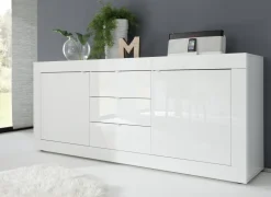 Credenza Bianco Lucido 2 Ripiani 3 Cassetti 210x42x85.8h cm, 4 Vani - Pasubio