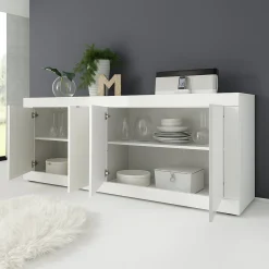 Credenza Bianco Lucido 2 Ripiani 4 Vani 207x43x86h cm, 4 Ante - Poli