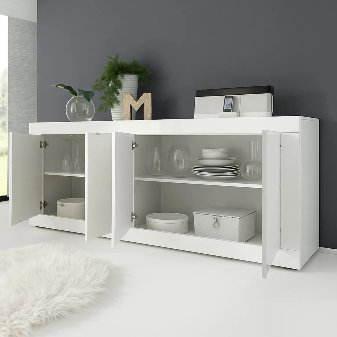 Credenza Bianco Lucido 2 Ripiani 4 Vani 207x43x86h cm, 4 Ante - Poli
