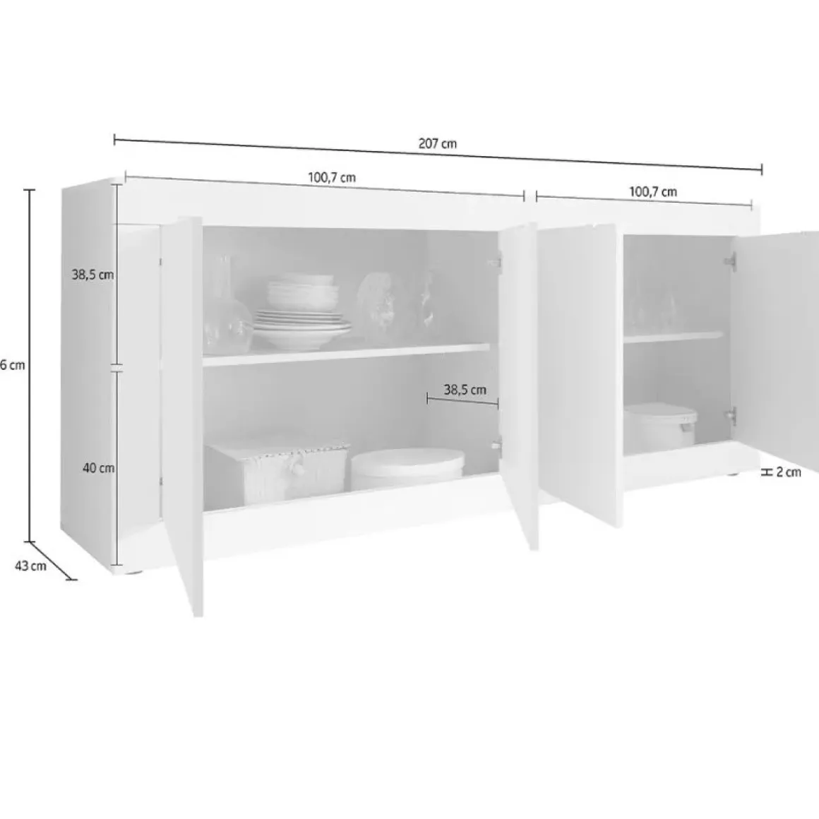 Credenza Bianco Lucido 2 Ripiani 4 Vani 207x43x86h cm, 4 Ante - Poli