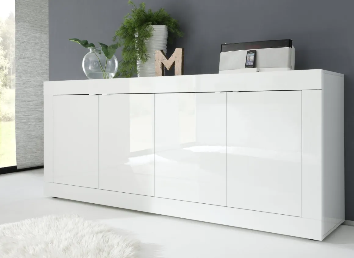 Credenza Bianco Lucido 2 Ripiani 4 Vani 207x43x86h cm, 4 Ante - Poli