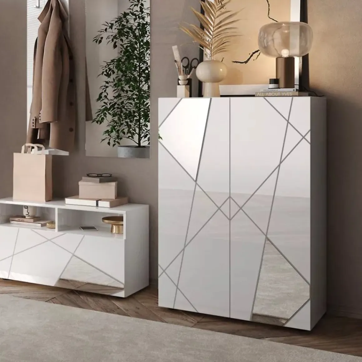 Credenza Bianco Lucido 4 Ripiani 5 Vani 78x36x115.5h cm, 2 Ante - Itala
