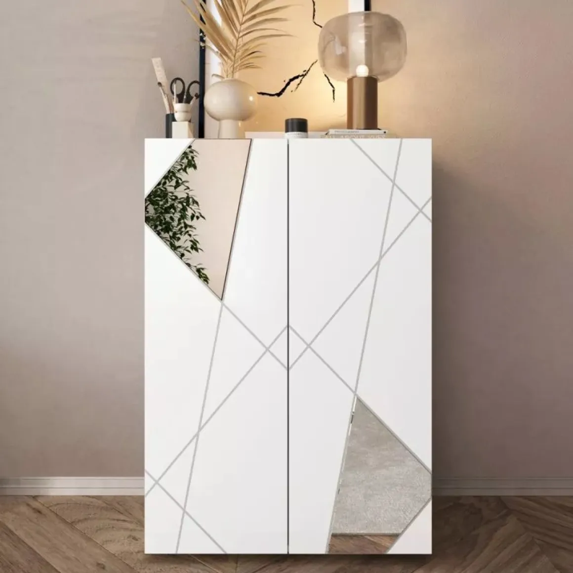 Credenza Bianco Lucido 4 Ripiani 5 Vani 78x36x115.5h cm, 2 Ante - Itala