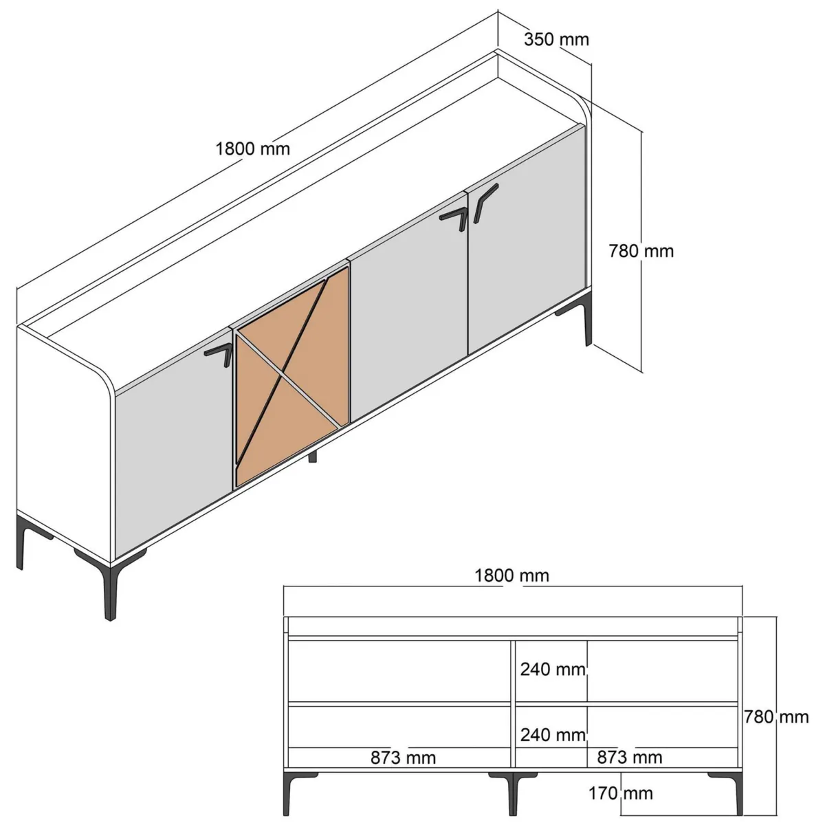 Madie|Credenze > Dmora Credenza Bianco Marrone Noce 2 Ripiani 4 Ante 180x35x78h cm, 1 Anta Effetto Legno - Elini Marrone, Bianco Noce