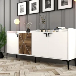 Madie|Credenze > Dmora Credenza Bianco Marrone Noce 2 Ripiani 4 Ante 180x35x78h cm, 1 Anta Effetto Legno - Elini Marrone, Bianco Noce