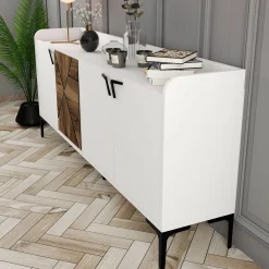 Madie|Credenze > Dmora Credenza Bianco Marrone Noce 2 Ripiani 4 Ante 180x35x78h cm, 1 Anta Effetto Legno - Elini Marrone, Bianco Noce