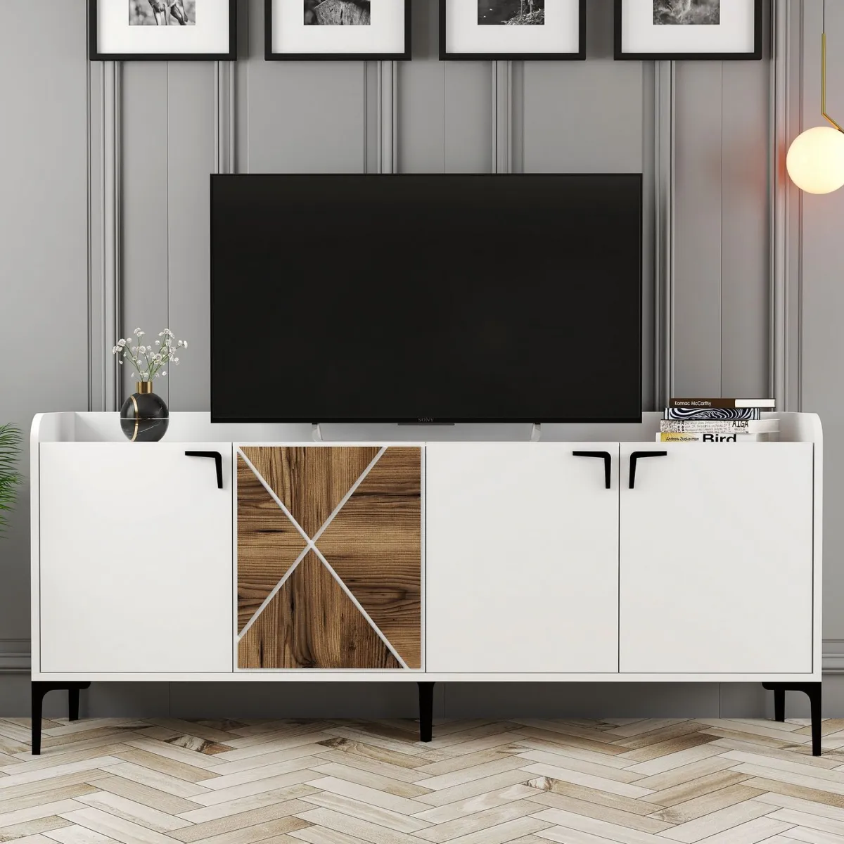 Madie|Credenze > Dmora Credenza Bianco Marrone Noce 2 Ripiani 4 Ante 180x35x78h cm, 1 Anta Effetto Legno - Elini Marrone, Bianco Noce