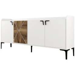 Madie|Credenze > Dmora Credenza Bianco Marrone Noce 2 Ripiani 4 Ante 180x35x78h cm, 1 Anta Effetto Legno - Elini Marrone, Bianco Noce