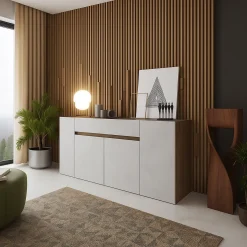 Credenza Bianco Marrone Noce un Cassetto 3 Ripiani 170x40x85h cm, Apertura Battente - Cirimido