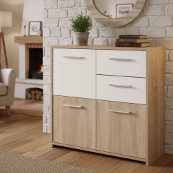 Madie|Credenze > Dmora Credenza Bianco Marrone Quercia 2 Cassetti Apertura Battente 77x30x77h cm, 3 Ante - Piglio Marrone, Bianco Quercia
