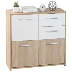 Madie|Credenze > Dmora Credenza Bianco Marrone Quercia 2 Cassetti Apertura Battente 77x30x77h cm, 3 Ante - Piglio Marrone, Bianco Quercia