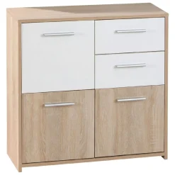Madie|Credenze > Dmora Credenza Bianco Marrone Quercia 2 Cassetti Apertura Battente 77x30x77h cm, 3 Ante - Piglio Marrone, Bianco Quercia