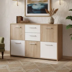 Madie|Credenze > Dmora Credenza Bianco Marrone Quercia Apertura Battente 6 Ante 77x30x115h cm, 6 Vani - Dresano Marrone Quercia, Bianco