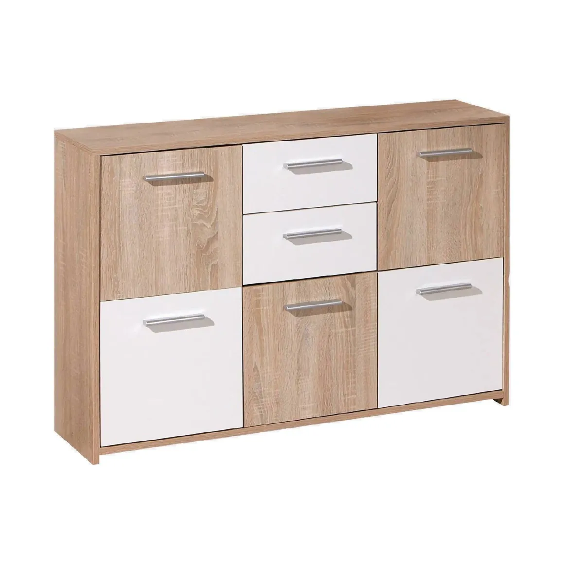 Credenza Bianco Marrone Quercia 2 Cassetti Apertura Battente, Scorrevole 115x30x77h cm, 5 Ante - Pianisi