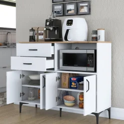 Credenza Bianco Marrone Rovere 2 Cassetti 2 Ripiani 120x40x99h cm, Apertura Battente, Scorrevole - Cavriana