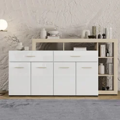 Credenza Bianco Marrone Rovere 2 Cassetti 5 Ripiani 189x42x100h cm, Apertura Battente, Scorrevole - Dovad