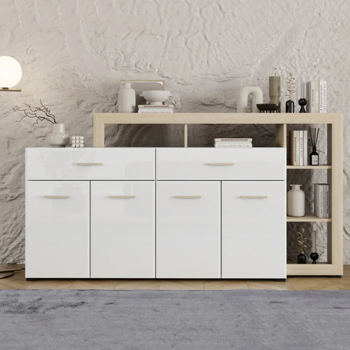 Madie|Credenze > Dmora Credenza Bianco Marrone Rovere 2 Ripiani 3 Ante 40x150x78h cm, con Piedini - Caribou Marrone, Bianco Rovere