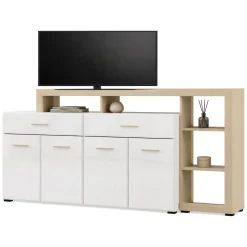 Credenza Bianco Marrone Rovere 2 Cassetti 5 Ripiani 189x42x100h cm, Apertura Battente, Scorrevole - Dovad