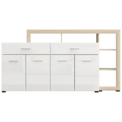 Madie|Credenze > Dmora Credenza Bianco Marrone Rovere 2 Ripiani 3 Ante 40x150x78h cm, con Piedini - Caribou Marrone, Bianco Rovere