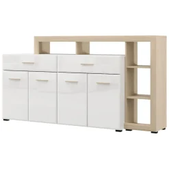 Madie|Credenze > Dmora Credenza Bianco Marrone Rovere 2 Ripiani 3 Ante 40x150x78h cm, con Piedini - Caribou Marrone, Bianco Rovere