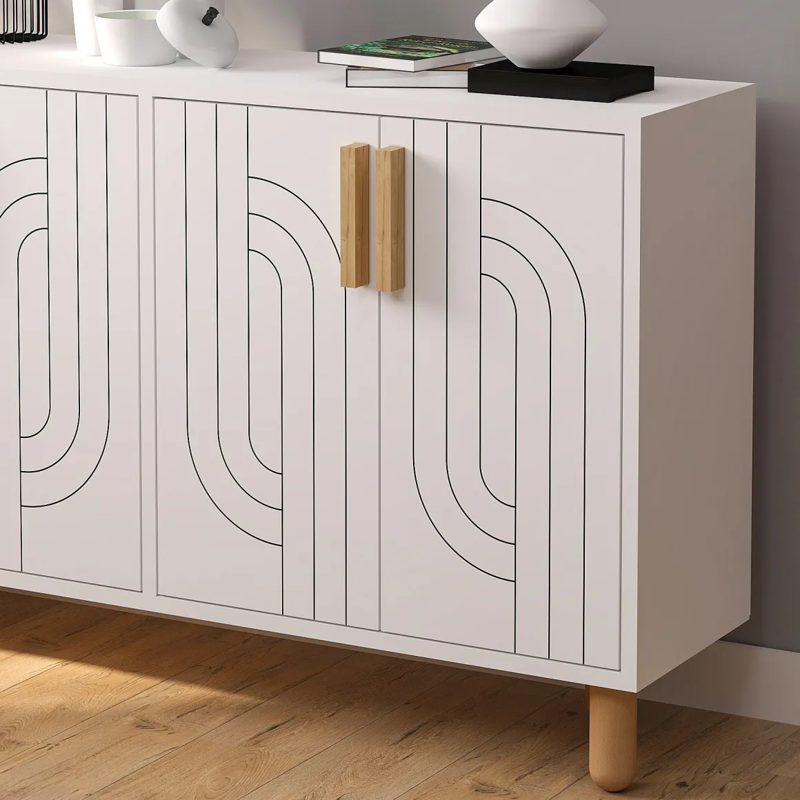 Madie|Credenze > Dmora Credenza Bianco Marrone Rovere 2 Ripiani 4 Vani 40x184x78h cm, 4 Ante - Chanute Marrone, Bianco Rovere