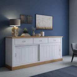 Credenza Bianco Marrone Rovere 3 Cassetti 2 Ripiani 220x50x95h cm, Apertura Scorrevole - Malonno