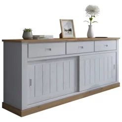 Credenza Bianco Marrone Rovere 3 Cassetti 2 Ripiani 220x50x95h cm, Apertura Scorrevole - Malonno