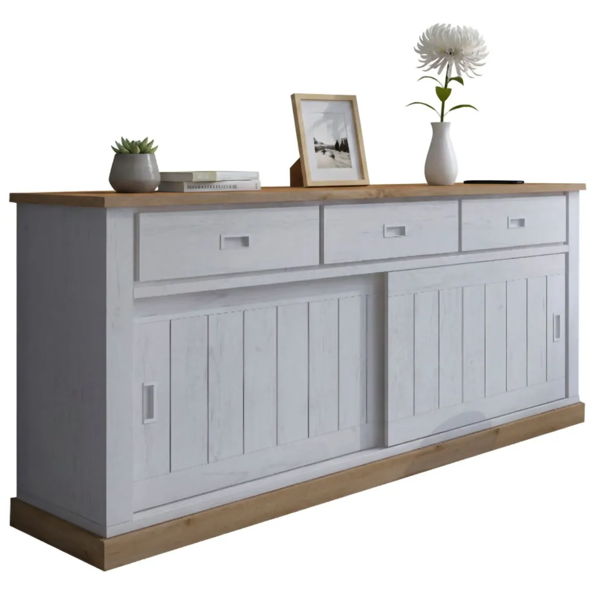 Madie|Credenze > Dmora Credenza Bianco Marrone Rovere 3 Cassetti un Ripiano 40x150x78h cm, Apertura Battente, Scorrevole - Cadillac Marrone, Bianco Rovere