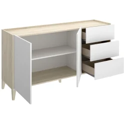Madie|Credenze > Dmora Credenza Bianco Marrone Rovere 3 Cassetti un Ripiano 40x150x78h cm, Apertura Battente, Scorrevole - Cadillac Marrone, Bianco Rovere