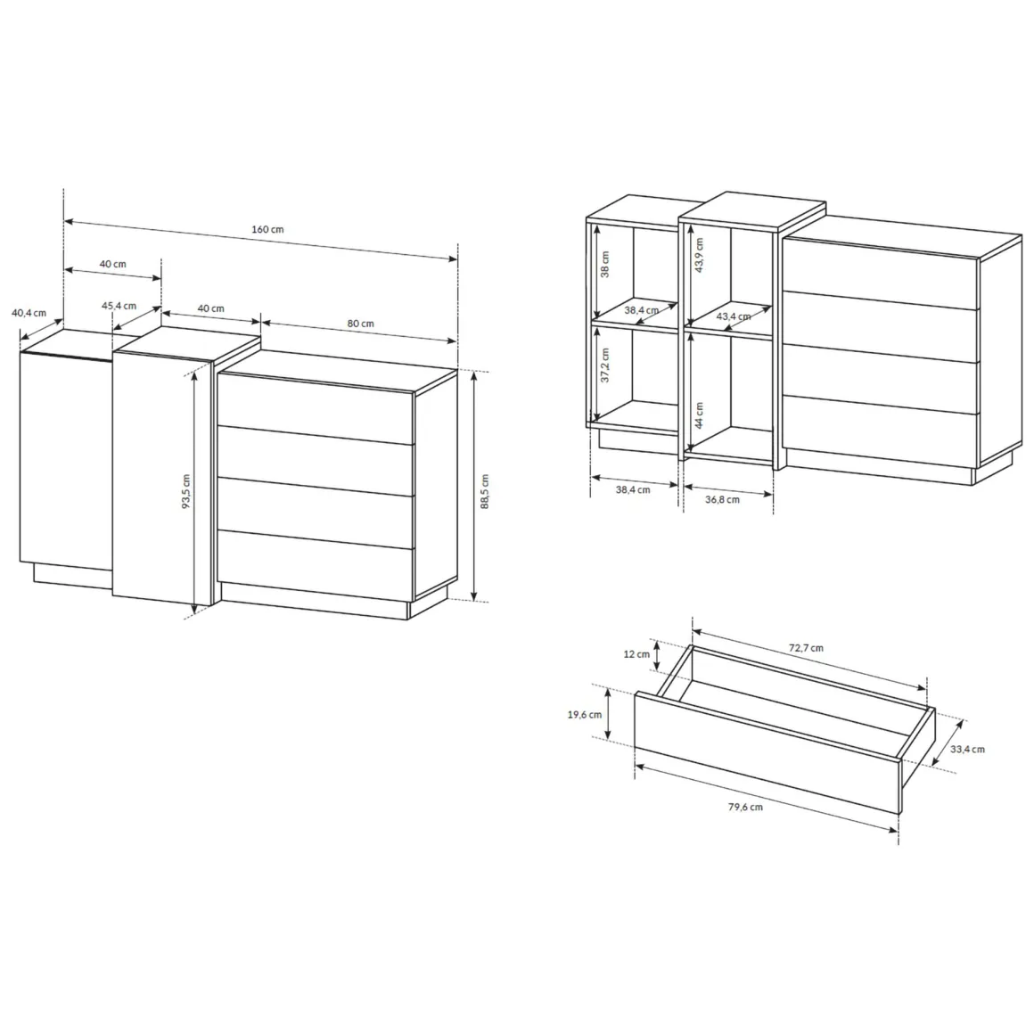 Credenza Bianco Marrone Rovere 4 Cassetti 2 Ripiani 160x45x94h cm, Apertura Battente, Scorrevole - Hadarari