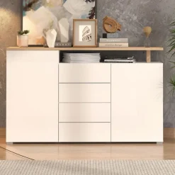 Credenza Bianco Marrone Rovere 4 Cassetti 4 Ripiani 154x40x94h cm, Apertura Battente e Scorrevole - Levate