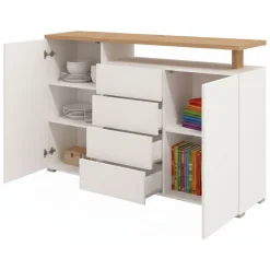 Credenza Bianco Marrone Rovere 4 Cassetti 4 Ripiani 154x40x94h cm, Apertura Battente e Scorrevole - Levate