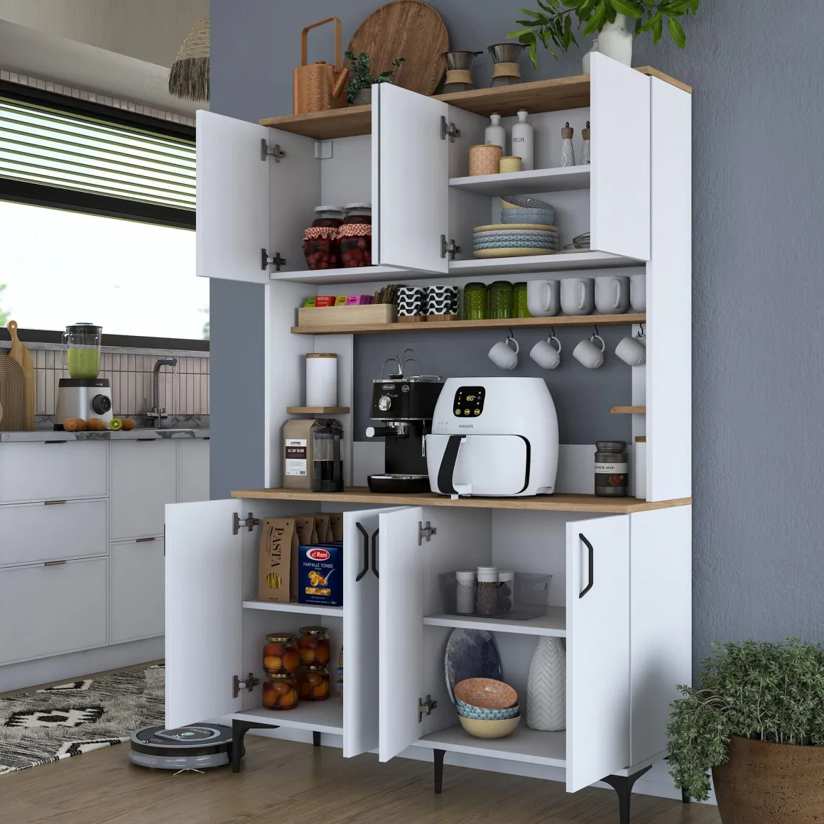 Madie|Credenze > Dmora Credenza Bianco Marrone Rovere Nodi 3 Cassetti 2 Ripiani 162x40x85h cm, Apertura Battente e Scorrevole - Ete Marrone, Bianco Rovere Nodi