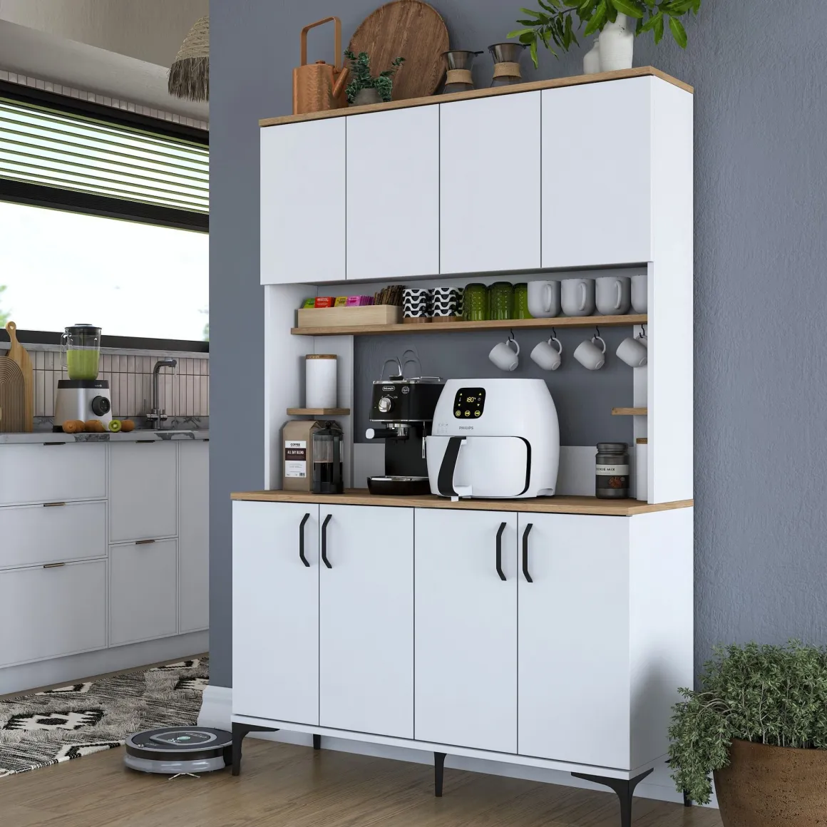 Madie|Credenze > Dmora Credenza Bianco Marrone Rovere Nodi 3 Cassetti 2 Ripiani 162x40x85h cm, Apertura Battente e Scorrevole - Ete Marrone, Bianco Rovere Nodi
