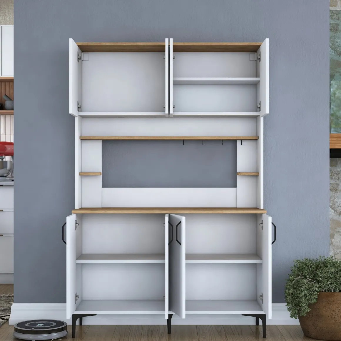 Madie|Credenze > Dmora Credenza Bianco Marrone Rovere Nodi 3 Cassetti 2 Ripiani 162x40x85h cm, Apertura Battente e Scorrevole - Ete Marrone, Bianco Rovere Nodi