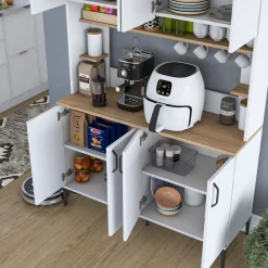 Madie|Credenze > Dmora Credenza Bianco Marrone Rovere Nodi 3 Cassetti 2 Ripiani 162x40x85h cm, Apertura Battente e Scorrevole - Ete Marrone, Bianco Rovere Nodi
