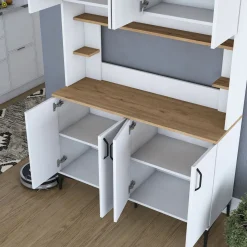 Madie|Credenze > Dmora Credenza Bianco Marrone Rovere Nodi 3 Cassetti 2 Ripiani 162x40x85h cm, Apertura Battente e Scorrevole - Ete Marrone, Bianco Rovere Nodi