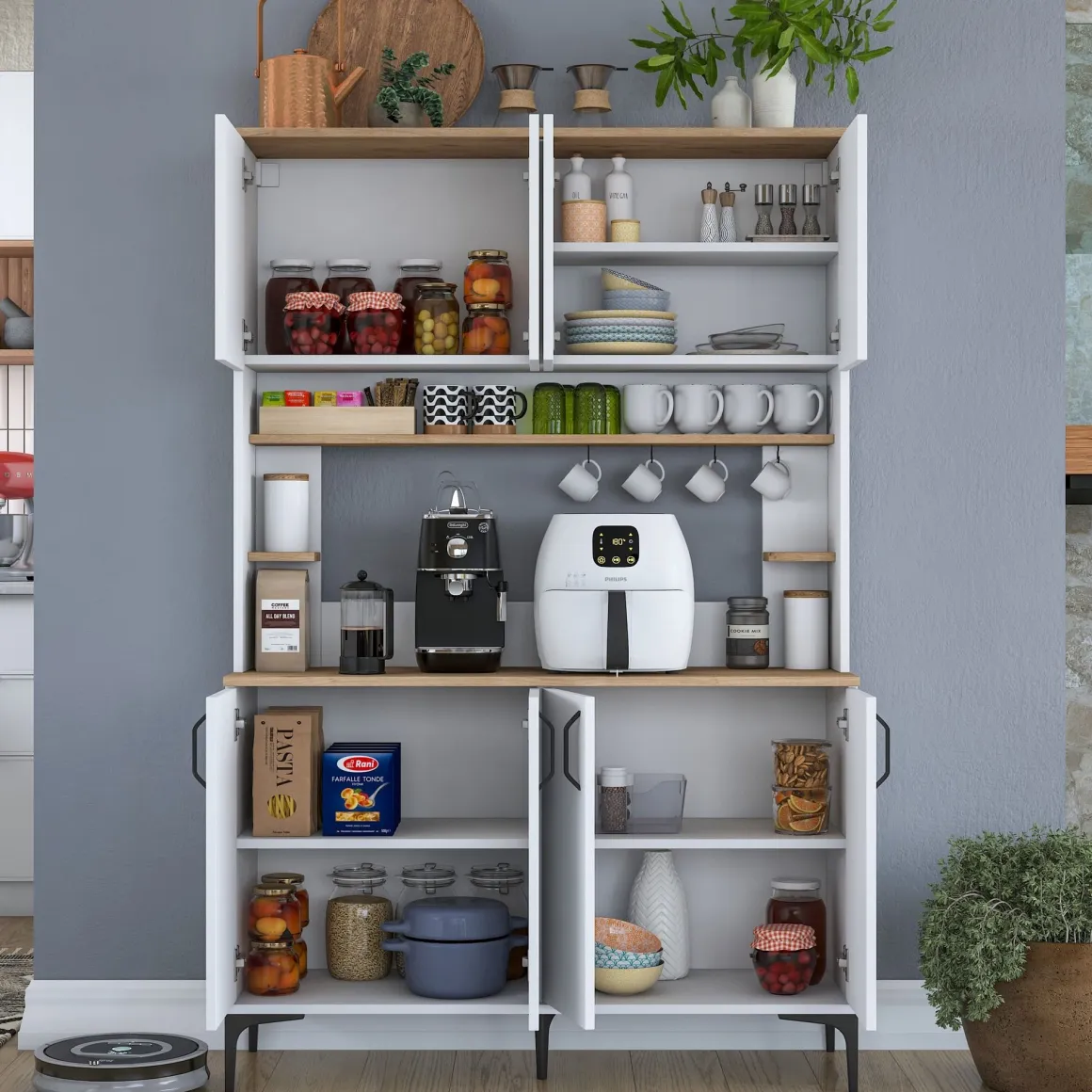 Madie|Credenze > Dmora Credenza Bianco Marrone Rovere Nodi 3 Cassetti 2 Ripiani 162x40x85h cm, Apertura Battente e Scorrevole - Ete Marrone, Bianco Rovere Nodi