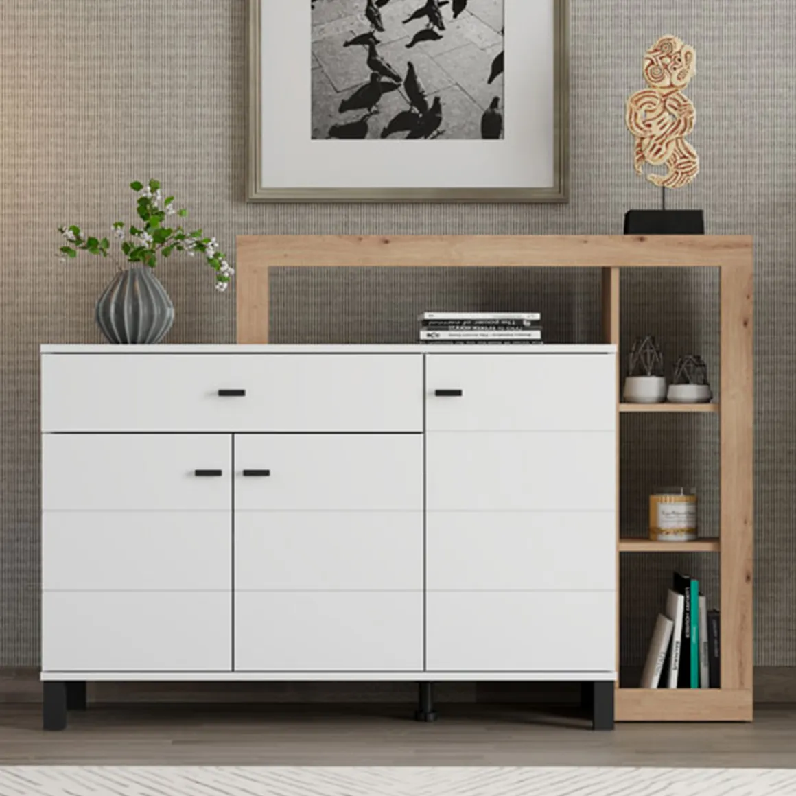 Credenza Bianco Marrone Rovere Nodi 5 Ripiani un Cassetto 145x35x101h cm, 3 Ante - Piriap