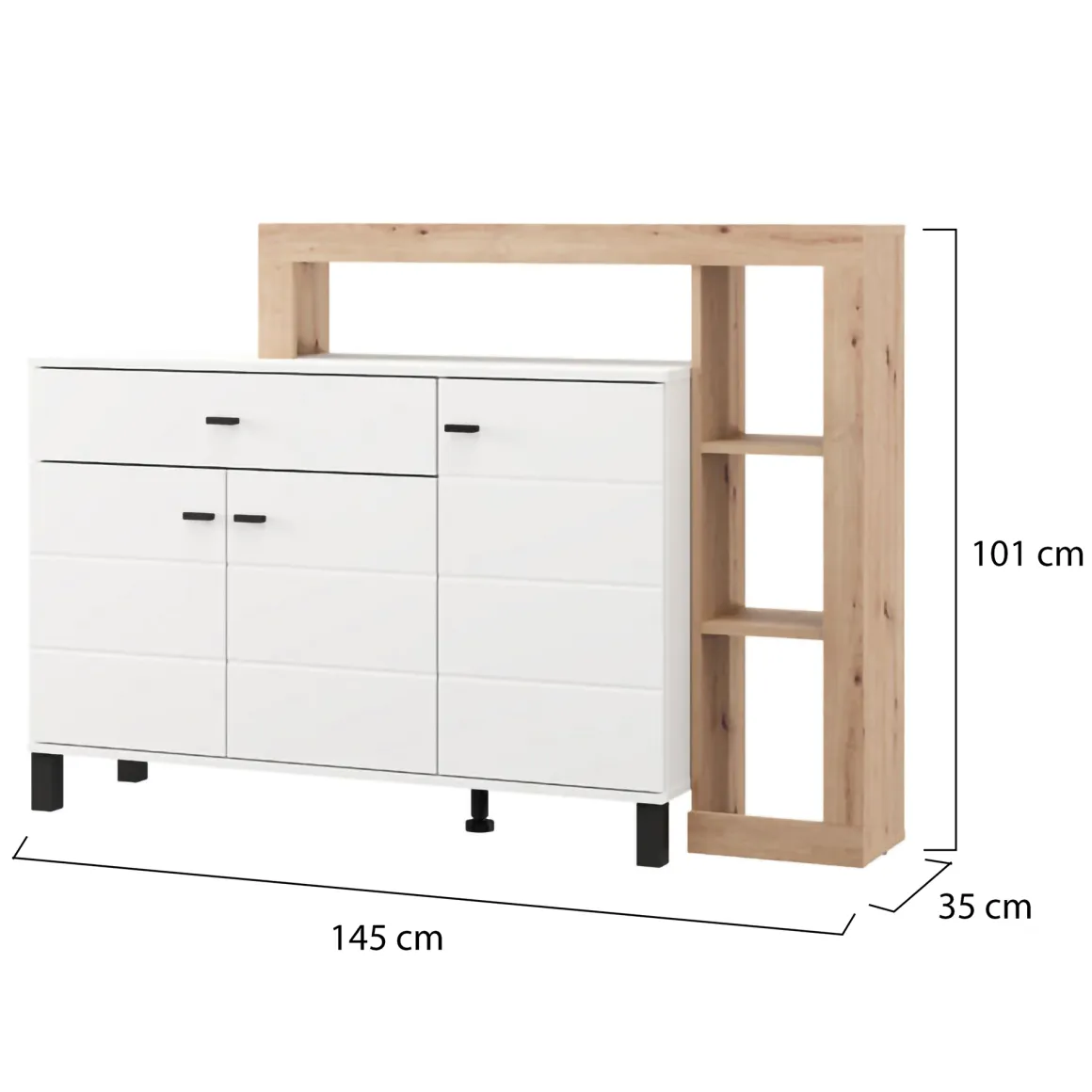 Credenza Bianco Marrone Rovere Nodi 5 Ripiani un Cassetto 145x35x101h cm, 3 Ante - Piriap