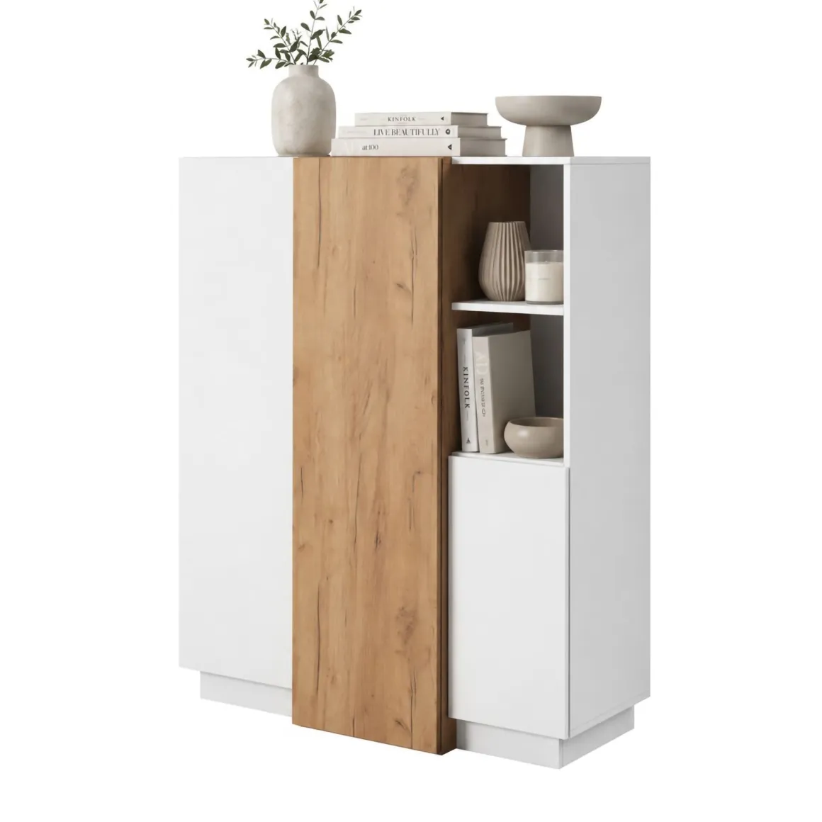 Madie|Credenze > Dmora Credenza Bianco Marrone Rovere Nodi un Cassetto 2 Ripiani 119x33x80.5h cm, Apertura Battente e Scorrevole - Sanza Marrone, Bianco Rovere Nodi