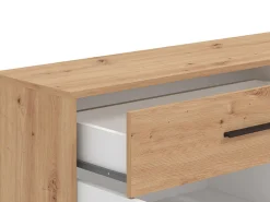 Madie|Credenze > Dmora Credenza Bianco Marrone Rovere Nodi un Cassetto 2 Ripiani 119x33x80.5h cm, Apertura Battente e Scorrevole - Sanza Marrone, Bianco Rovere Nodi