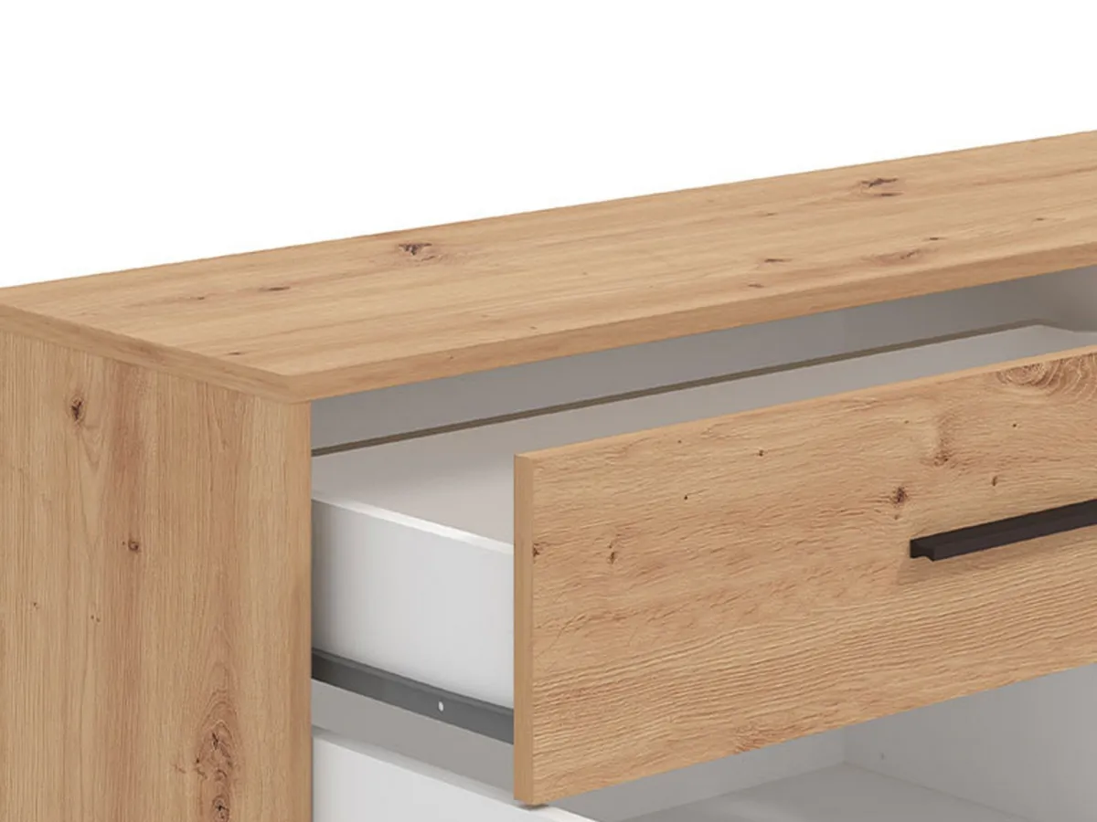Madie|Credenze > Dmora Credenza Bianco Marrone Rovere Nodi un Cassetto 2 Ripiani 119x33x80.5h cm, Apertura Battente e Scorrevole - Sanza Marrone, Bianco Rovere Nodi