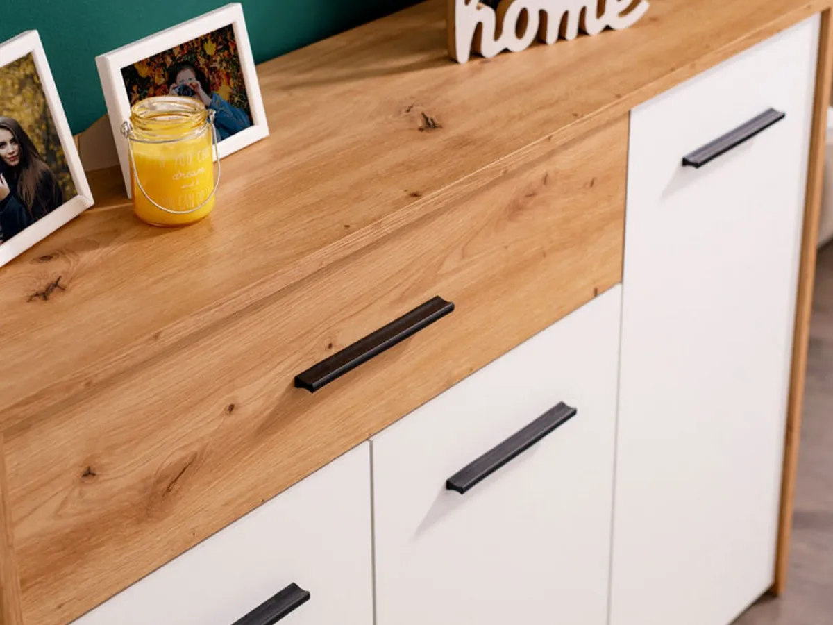 Madie|Credenze > Dmora Credenza Bianco Marrone Rovere Nodi un Cassetto 2 Ripiani 119x33x80.5h cm, Apertura Battente e Scorrevole - Sanza Marrone, Bianco Rovere Nodi